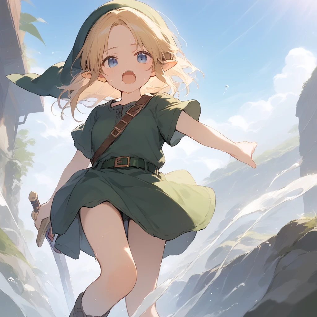 score_9, score_8_up, score_7_up, source_anime, best quality, masterpiece, official art, absurdres, highres, ultra-detailed,waifu2x,Collection: Slice of Life,break,1girl, YoungLink, small breasts, blonde hair, green tunic, pointy ears, hat, solo, blue eyes,green_headwear belt, sword, sweat, open mouth, (yawn:0.3), sleepily, outdoors, wind,break,(clear line illustration:1.2), super detailed skin,very high resolution, very aesthetic, Best sexual lighting powered by famous artist, 8k,cute picture,beauty illustration,photoshop_(medium),,(Detailed Lighting),best anime 8k konachan wallpaper, pixiv contest winner,