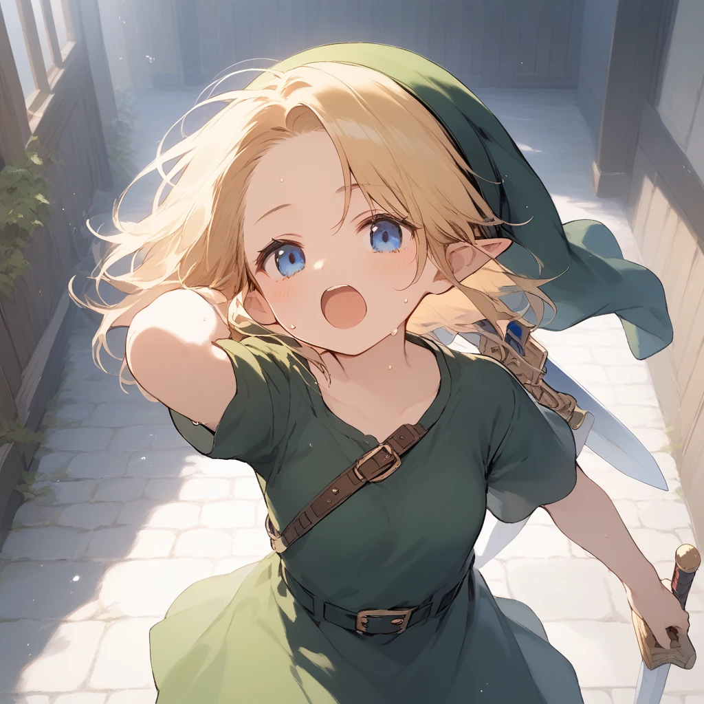 score_9, score_8_up, score_7_up, source_anime, best quality, masterpiece, official art, absurdres, highres, ultra-detailed,waifu2x,Collection: Slice of Life,break,1girl, YoungLink, small breasts, blonde hair, green tunic, pointy ears, hat, solo, blue eyes,green_headwear belt, sword, sweat, open mouth, (yawn:0.3), sleepily, outdoors, wind,break,(clear line illustration:1.2), super detailed skin,very high resolution, very aesthetic, Best sexual lighting powered by famous artist, 8k,cute picture,beauty illustration,photoshop_(medium),,(Detailed Lighting),best anime 8k konachan wallpaper, pixiv contest winner, 