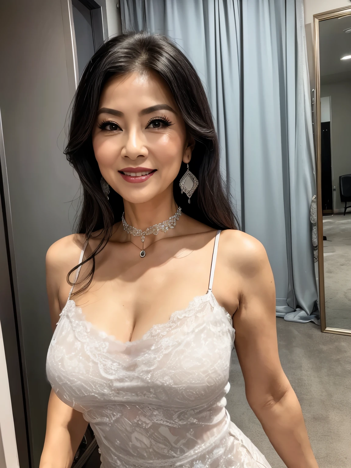 Lace camisole dress　75 years old　mom　milf　Chinese Lady　large earring　Big choker　navel piercing decoration　A bracelet　Silver Hair　realisitic　Gorgeous Madame Beautiful Mature Woman　sexly　Smile　Gentle woman navel piercing　４K　High quality dressing room　Costume room　Stage actress　Heavy chest　Bustier