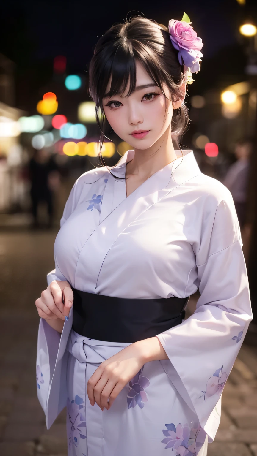 Top best Quality、pfotorealistic、8K、Highresolution、girl 1 person、woman with、(Dents in the skin)、(Professional lighting)、(kimono:1.74)、Luxury、(((big chest、narrow waist)))、(Girl looking at viewer one eye:1.54)、((Watching the viewer:1.6)) 、(is looking at the camera)、pfotorealistic、(bokeh feeling)、(dinamic pose:1.2)、masterwork、intricate、Realstic、sharpening Focus、award winning photography、Sorrisos