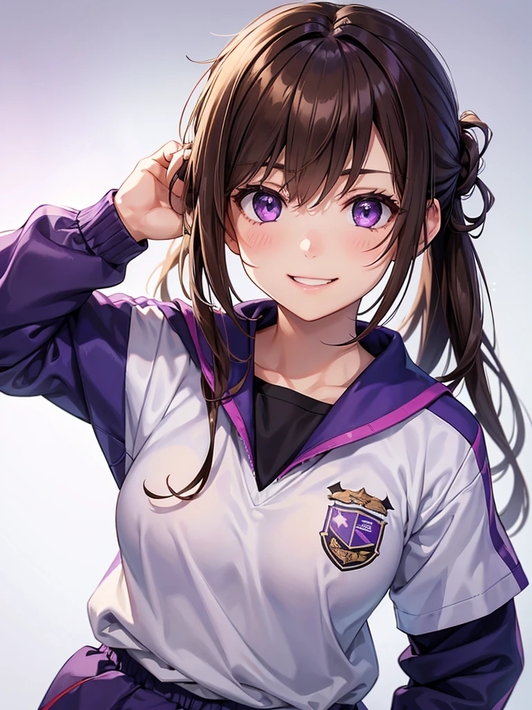 girl, brown hair tied in two, purple eyes, wear uniform, her hair is tied. strong girl, smile glare, intrepid, sports uniform