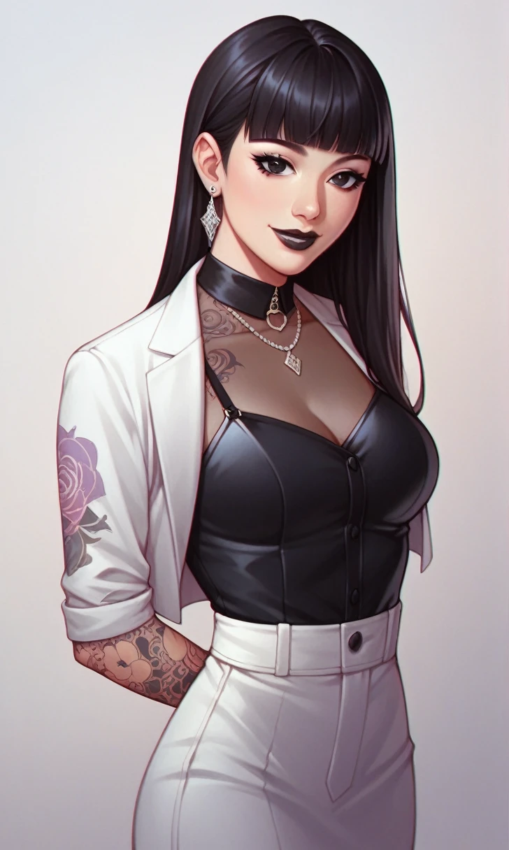 score_9, score_8_up, score_7_up,  1girl, simplified background, Asian, mafia business outfit, , sunny, lovely, hime cut hair, gentle smile, black lips, black eyes, tattoos
