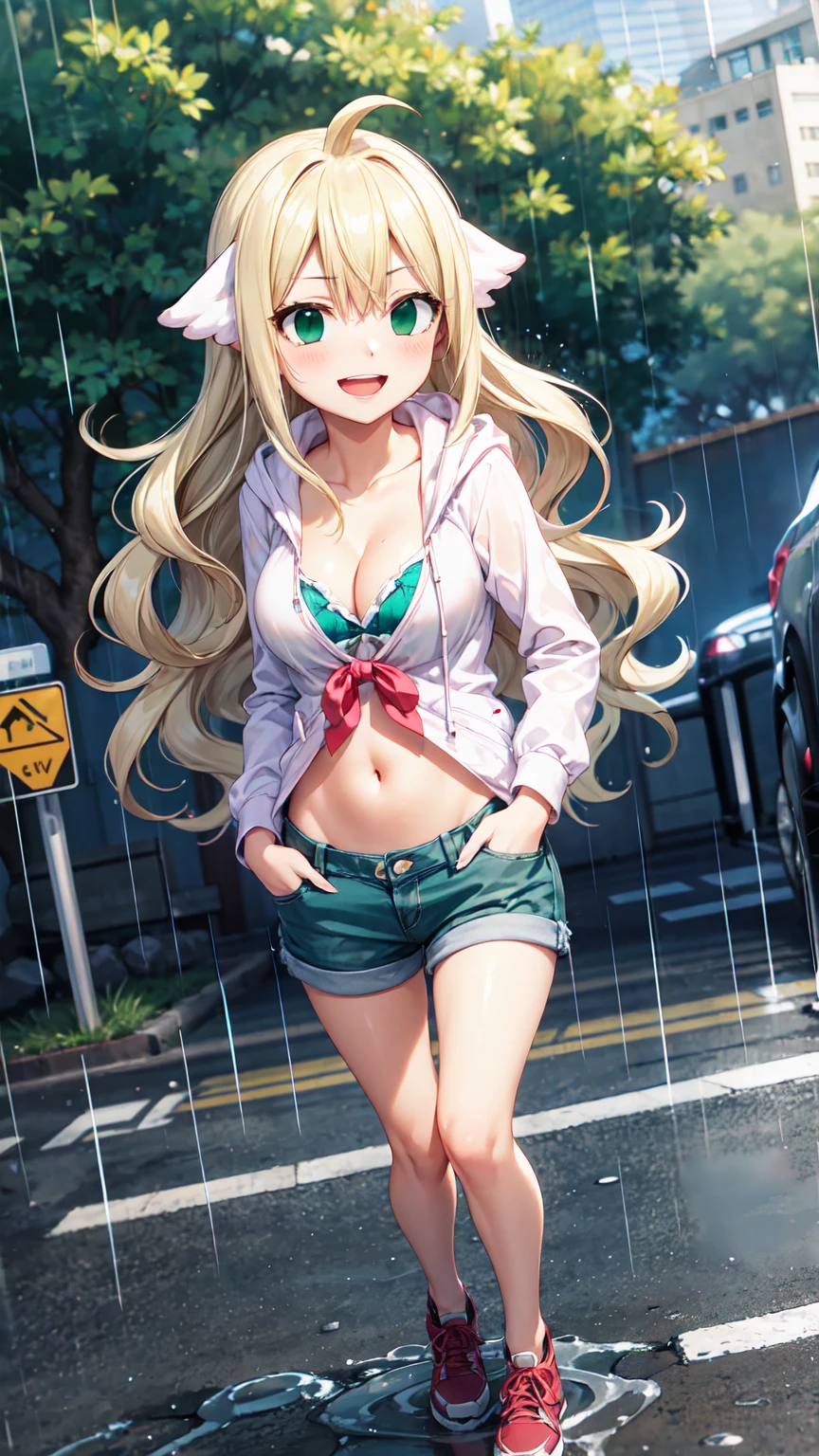 Masterpiece ,best quality , high resolution , (1 girl solo:1.38) , (mavis, long hair, blonde hair, (green eyes:1.5), ahoge, wavy hair) , (cleavage:1.2) , (medium breast:1.28) , (wear hoody , belly , navel , denim_micro_short，hands in pockets , stockings ) , (cleavage:1.15) , (big breast:1.1) , (face view , look at view , looking down , from below , low angle view) , (outdoor , street , on road , raining , vivid rain) , (standing , thighs ) , ( smile , open mouth , full face blush , shy )