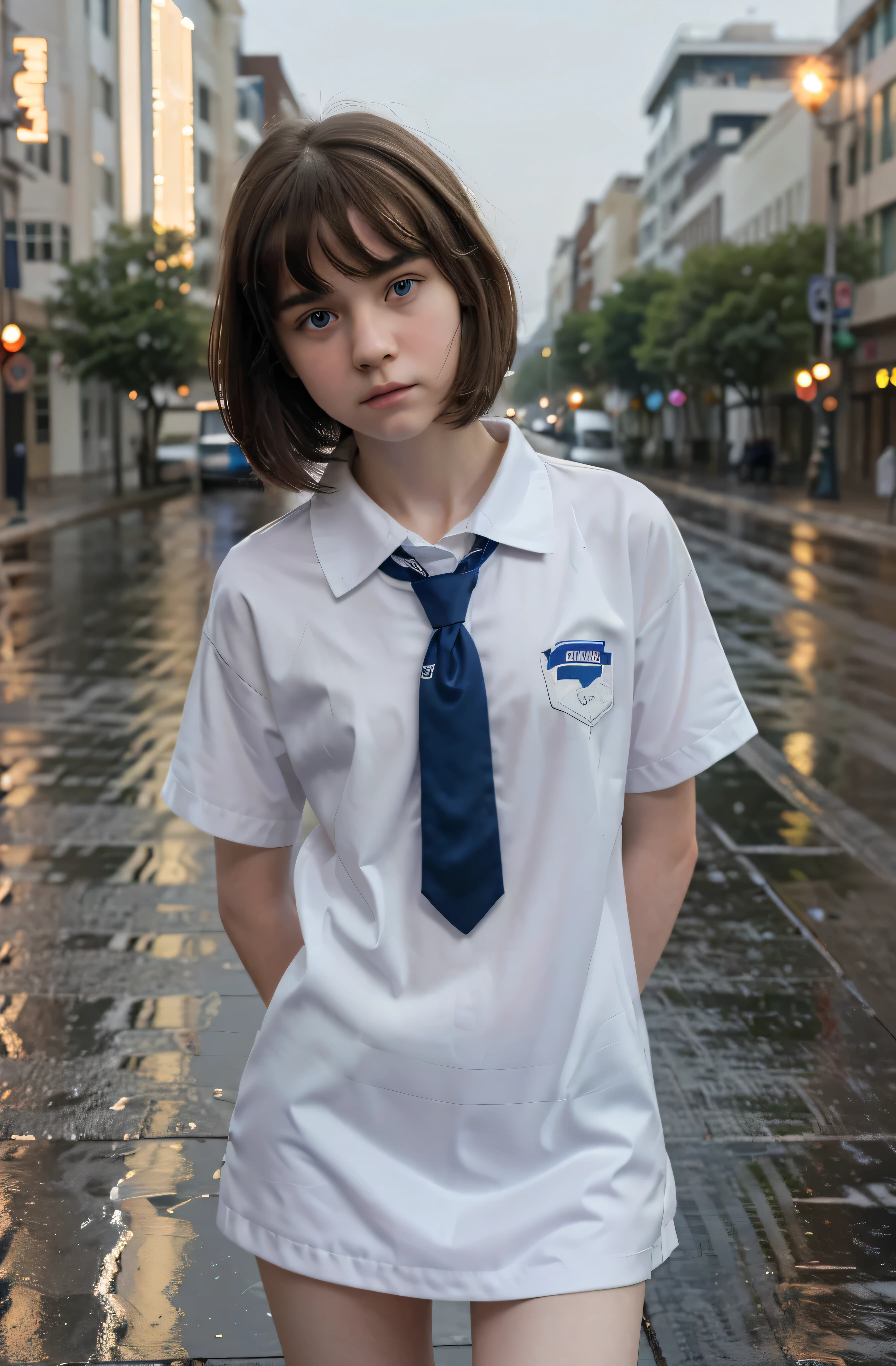 (best quality,hyper-realistic,ultra-detailed,8k), ager, fifteen years old, shy, sad, paleness, big blue eyes, very white skin, small nose, very short brown hair with bangs, melancholy, delicate, feminine, skinny, secundary student uniform, tie, empty street, brilliant colors, rain, summer, city lights.
