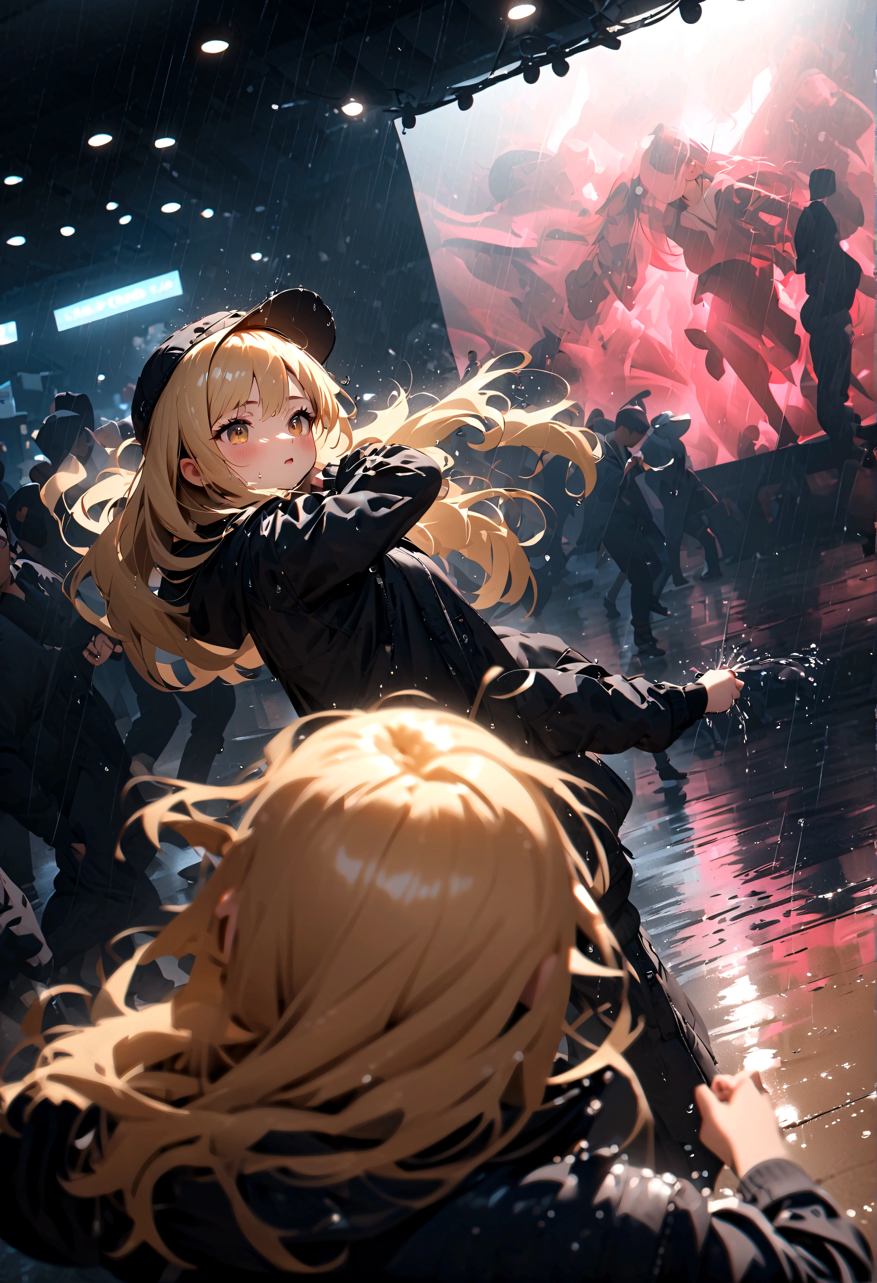 quality\(8k,wallpaper of extremely detailed CG unit, ​masterpiece,hight resolution,top-quality,top-quality real texture skin,hyper realisitic,increase the resolution,RAW photos,best qualtiy,highly detailed,the wallpaper,cinematic lighting,ray trace,golden ratio\), BREAK ,1girl\(young,long hair, blonde, brest, street fashion, hat, wet, wiping water\) is dancing breaking, heavy rain, spectators all around,street,at night,motion blur,dynamic pose,dynamic angle
