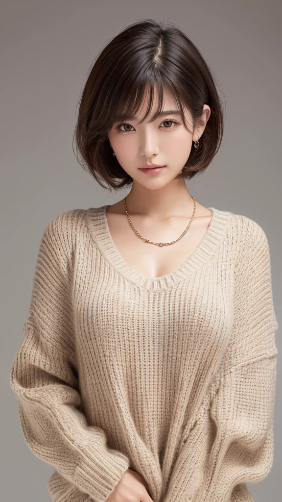 (highest quality, 8k, 32k, masterpiece, Ultra-high resolution:1.2),Beautiful Japanese Women Photos, Big Breasts, Very short bob hair,Upper Body,(Extra Large_sweater,:1.1) necklace, Simple Background, Look around com seios a mostras ,hands folded behind her back