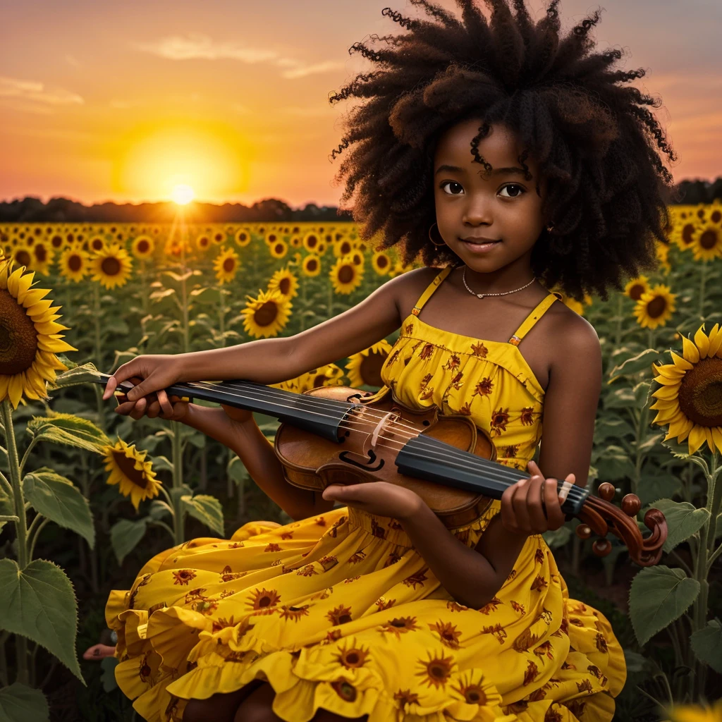 Black girl between 4 and 6 years old with afro hair, with yellow dress, playing the violin in a field of sunflowers at sunset 