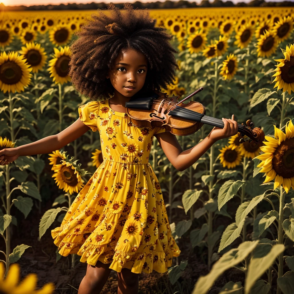 Black girl between 4 and 6  with afro hair, with yellow dress, playing the violin in a field of sunflowers at sunset 