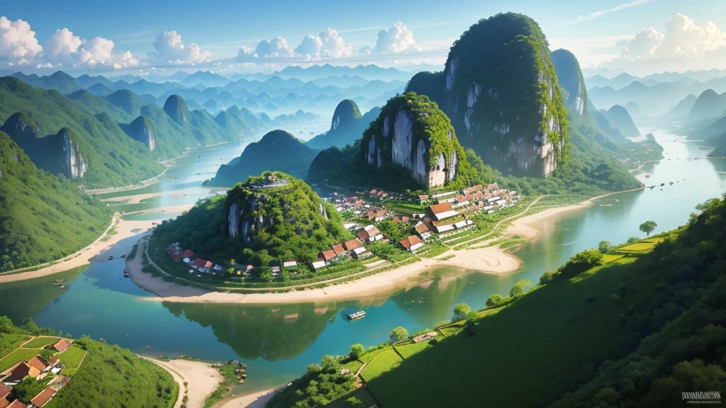 Beautiful scenery of ancient Vietnamese village. Aerial view, Photorealistic photos, High definition, 8K