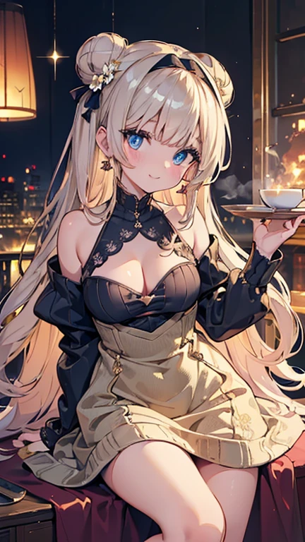 1girl、(((best quality)), ((masterpiece)), (details), masterpiece, best quality, high quality, ulutra detailed, perfect face, ((1girl, blond eyes, tiger ears: 1.3 blond long hair: 2.5,Mole under left eye：2.0))、Shiny Hair、Glowing Skin、Lustful look、China dress、Sideboob、Drinking Chinese tea、Stiletto heels、
