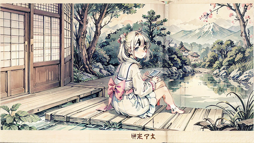 A anime character sitting in the terasse of an old japanese house, the view of her garden. summer ambient vibes. The colors are soft and pastel, with soft lighting and a nostalgic ambiance, Lo-Fi, school girl , cute girl, side view, wide view, japanese beauty, beutiful girl.