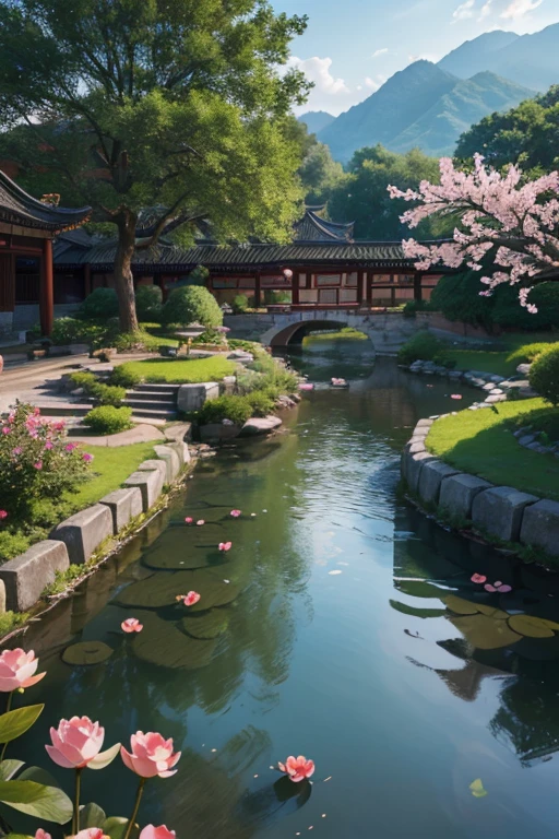 Bird eye of A beautiful detailed peach blossom garden in ancient China, lush peach trees in full bloom, intricate stone bridges, serene ponds with lotus flowers, exquisite traditional Chinese architecture, ancient scholars strolling through the garden, (best quality,4k,8k,highres,masterpiece:1.2),ultra-detailed,(realistic,photorealistic,photo-realistic:1.37),HDR,UHD,studio lighting,ultra-fine painting,sharp focus,physically-based rendering,extreme detail description,professional,vivid colors,bokeh,landscape,intricate details,cinematic lighting,warm color palette