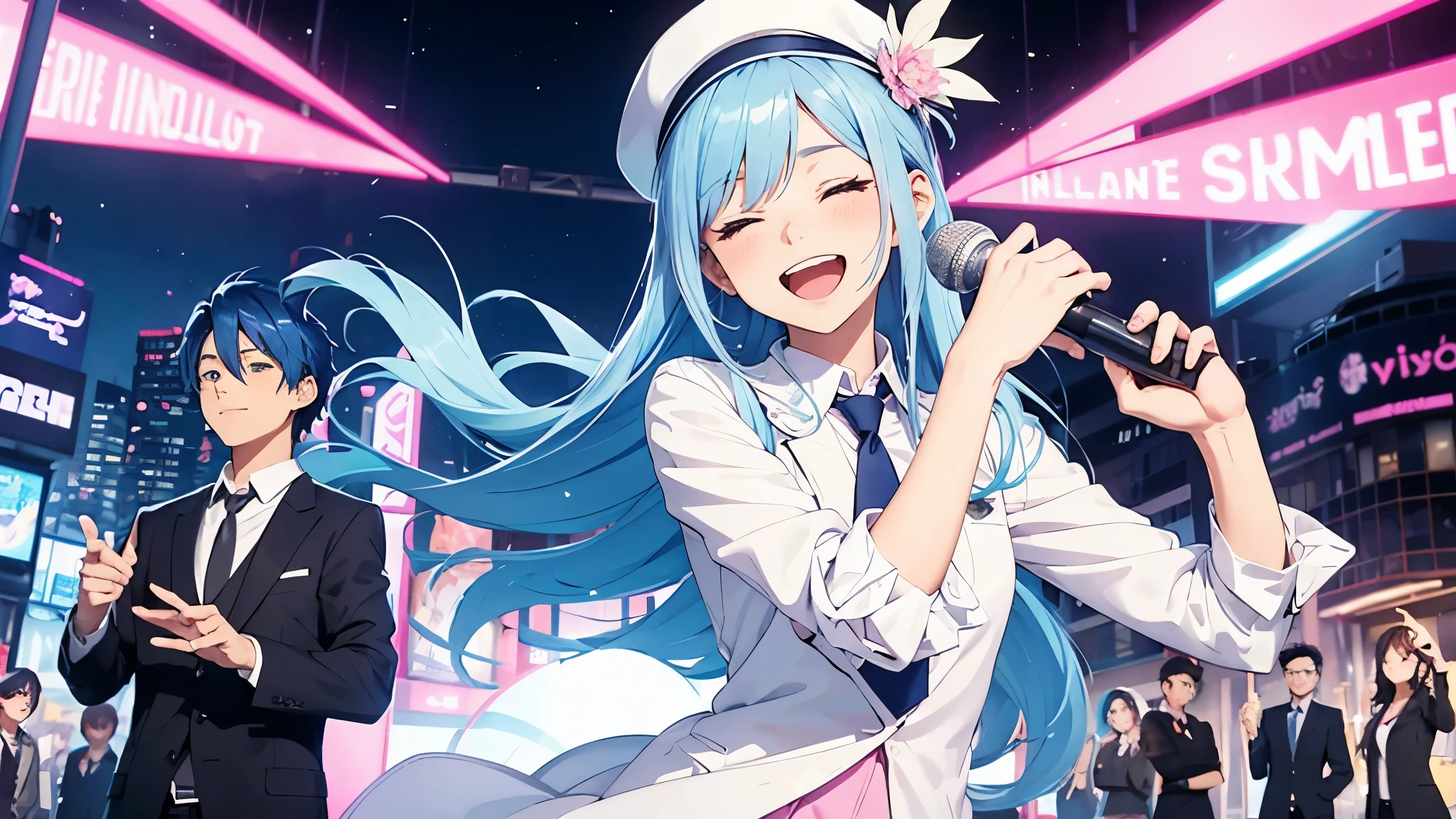 Anime style illustration with a vibrant city background similar to Shibuya. The main characters are a girl with long blue hair and blue eyes wearing a  with a pink tie, and a boy with short blue hair wearing a white suit and hat. In this image, the boy is singing into a microphone, eyes closed and passionately involved in the song, while the girl is looking at him with a smile. The background remains colorful with musical notes floating around."