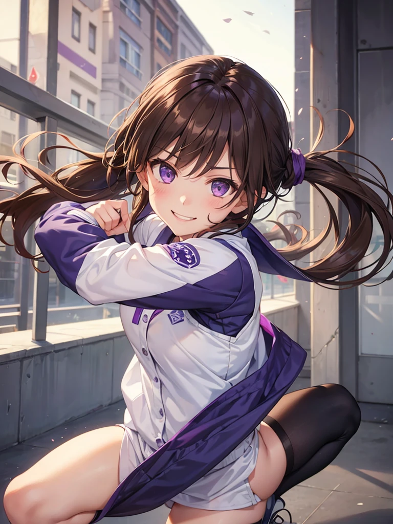 girl, brown hair tied in two, purple eyes, wear uniform, her hair is tied. strong girl, smile glare, intrepid, sports uniform, domination type