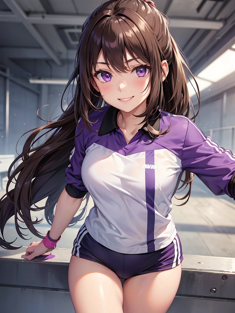 girl, brown hair tied in two, purple eyes, wear uniform, her hair is tied. strong girl, smile glare, intrepid, sports uniform, domination type