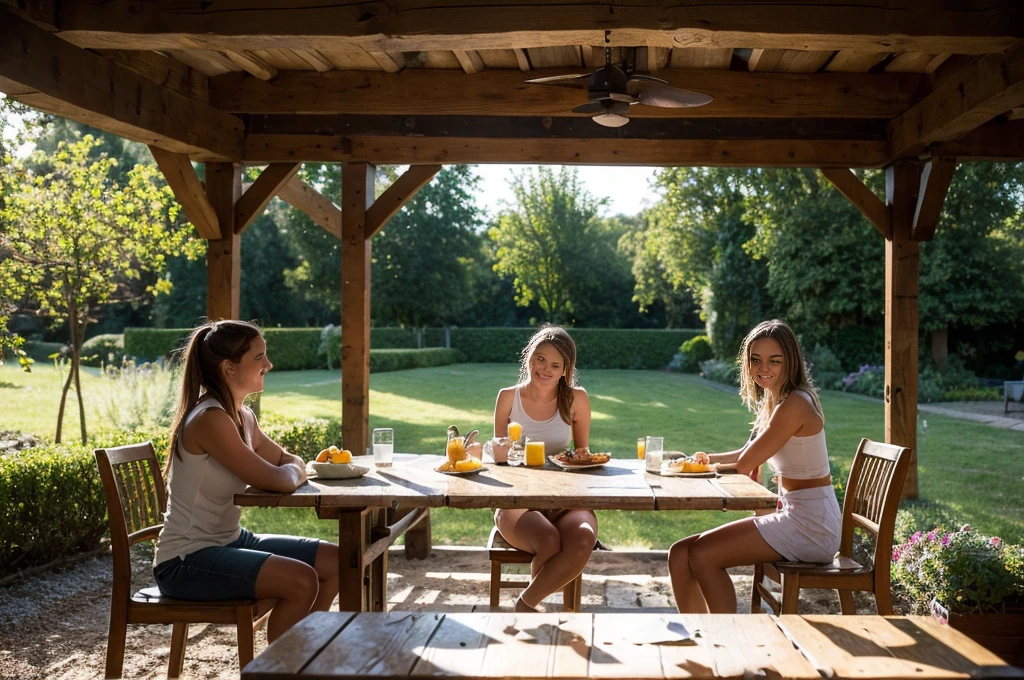 Italy. NSFW. Create a highly realistic scene set in the sunny courtyard of a country house, with two old Italian teenagers and an 8 year rl having breakfast on a hot morning.
The two 12 year old glightly taller and more mature looking, they are sitting at a rustic wooden table. They wear summer clothes: tank tops and shorts. One has shoulder-length brown hair tied in a loose ponytail, and the other has short, wavy blonde hair. Their expressions are bright and cheerful as they engage in lively conversation.
The 8 year old girl is atting at the table, shorter and smaller. She has long wavy brown hair tied with a ribbon and is dressed similarly in a tank top and shorts. His face lights up with a smile as he looks at the older girls, clearly enjoying the moment.
On the table in front of them are plates with slices of toast with butter and jam, cups of coffee with milk and a small jug. The girls are eating and drinking, their gestures are natural and relaxed.
The courtyard is bathed in bright morning sunlight, creating a warm and inviting atmosphere. The wooden table and chairs are placed on a stone-paved patio, with some colorful potted plants adding a touch of green. Behind them, the scene extends to lush green fields and dense forests, creating a picturesque rural setting. The edge of the courtyard is bordered by a low, rustic stone wall, beyond which the vibrant landscape of fields and woods extends under a clear blue sky.
This scene captures the serene and joyful moment of a family breakfast, with the two teenagers and the youngest girl savoring the meal in the serene and idyllic setting of their country house.