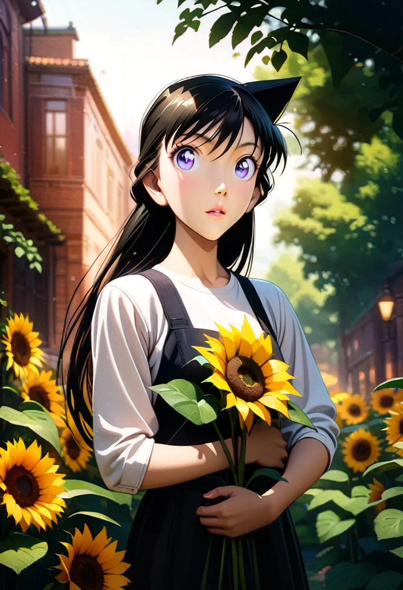 a beautiful young woman with long black hair, holding sunflowers in her hands, full body shot, anime style, detailed face, beautiful eyes, delicate lips, flawless skin, elegant pose, natural lighting, vibrant colors, masterpiece, highly detailed, 8k, photorealistic, intricate details, cinematic composition, warm color palette, soft lighting, beautiful background scenery, lush greenery, picturesque garden setting