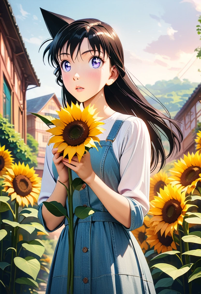 a beautiful young woman with long black hair, holding sunflowers in her hands, full body shot, anime style, detailed face, beautiful eyes, delicate lips, flawless skin, elegant pose, natural lighting, vibrant colors, masterpiece, highly detailed, 8k, photorealistic, intricate details, cinematic composition, warm color palette, soft lighting, beautiful background scenery, lush greenery, picturesque garden setting