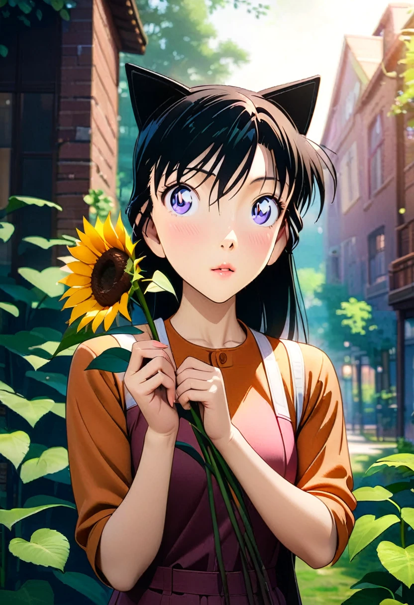 a beautiful young woman with long black hair, holding sunflowers in her hands, full body shot, anime style, detailed face, beautiful eyes, delicate lips, flawless skin, elegant pose, natural lighting, vibrant colors, masterpiece, highly detailed, 8k, photorealistic, intricate details, cinematic composition, warm color palette, soft lighting, beautiful background scenery, lush greenery, picturesque garden setting