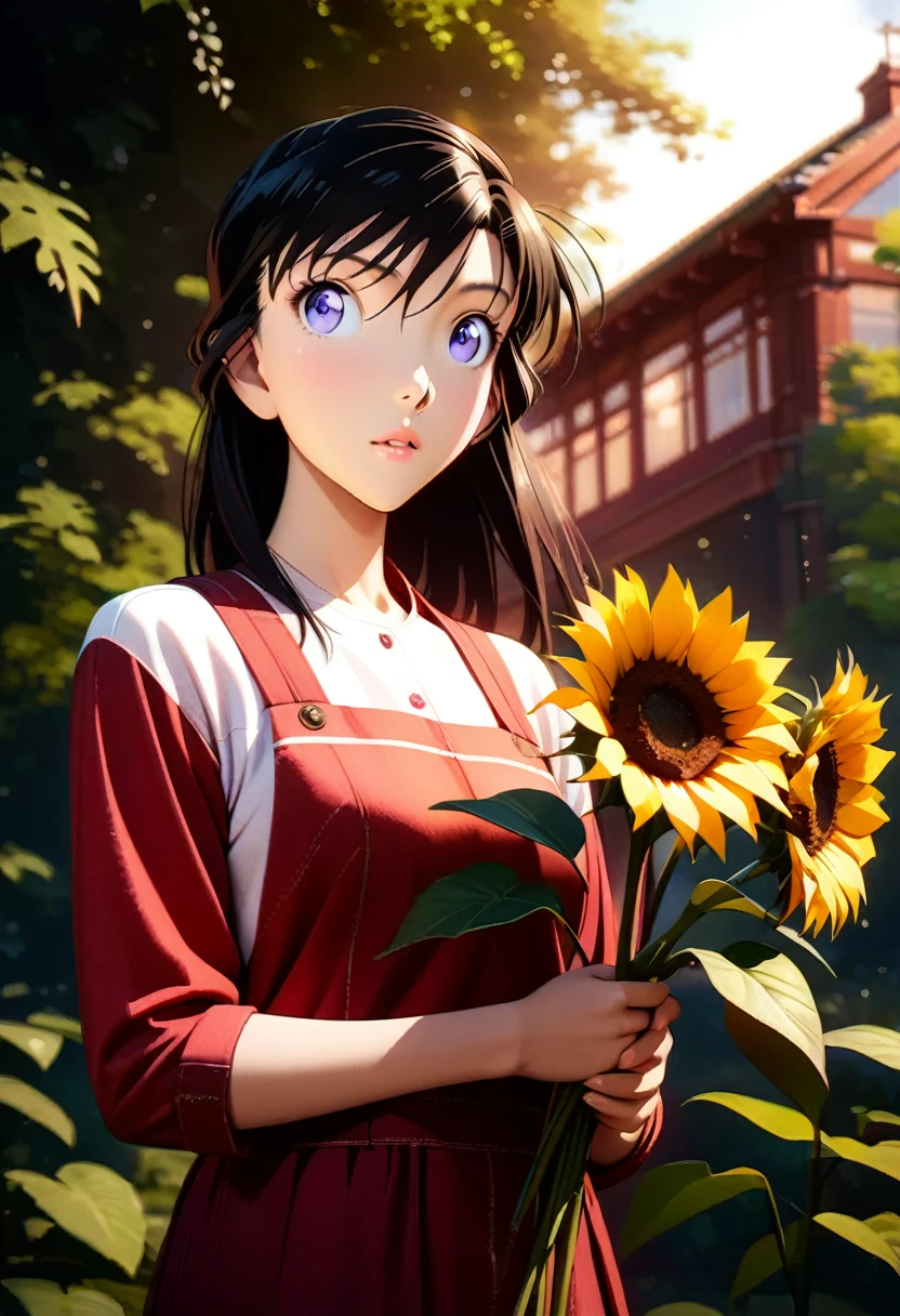 a beautiful young woman with long black hair, holding sunflowers in her hands, full body shot, anime style, detailed face, beautiful eyes, delicate lips, flawless skin, elegant pose, natural lighting, vibrant colors, masterpiece, highly detailed, 8k, photorealistic, intricate details, cinematic composition, warm color palette, soft lighting, beautiful background scenery, lush greenery, picturesque garden setting