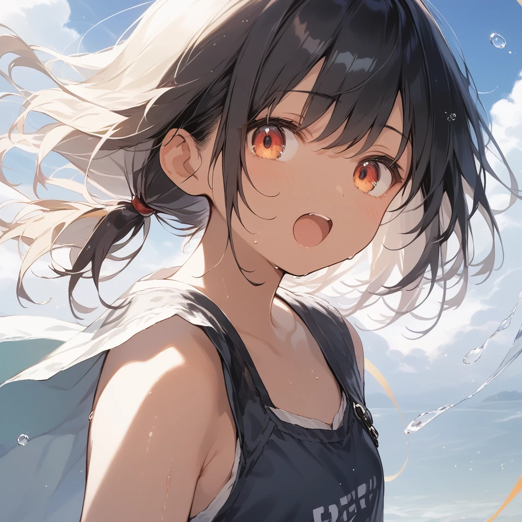 score_9, score_8_up, score_7_up, source_anime, best quality, masterpiece, official art, absurdres, highres, ultra-detailed,waifu2x,Collection: Slice of Life,break,1girl, tomboy, dark-skinned female, short hair, low ponytail, flat chest, beautiful detailed eyes, short shorts, sweat, open mouth, (yawn:0.3), sleepily, outdoors, wind,break,(clear line illustration:1.2), super detailed skin,very high resolution, very aesthetic, Best sexual lighting powered by famous artist, 8k,cute picture,beauty illustration,photoshop_(medium),,(Detailed Lighting),best anime 8k konachan wallpaper, pixiv contest winner,