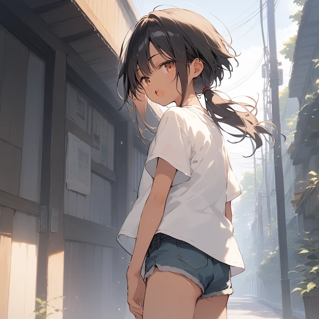 score_9, score_8_up, score_7_up, source_anime, best quality, masterpiece, official art, absurdres, highres, ultra-detailed,waifu2x,Collection: Slice of Life,break,1girl, tomboy, dark-skinned female, short hair, low ponytail, flat chest, beautiful detailed eyes, short shorts, sweat, open mouth, (yawn:0.3), sleepily, outdoors, wind,break,(clear line illustration:1.2), super detailed skin,very high resolution, very aesthetic, Best sexual lighting powered by famous artist, 8k,cute picture,beauty illustration,photoshop_(medium),,(Detailed Lighting),best anime 8k konachan wallpaper, pixiv contest winner,