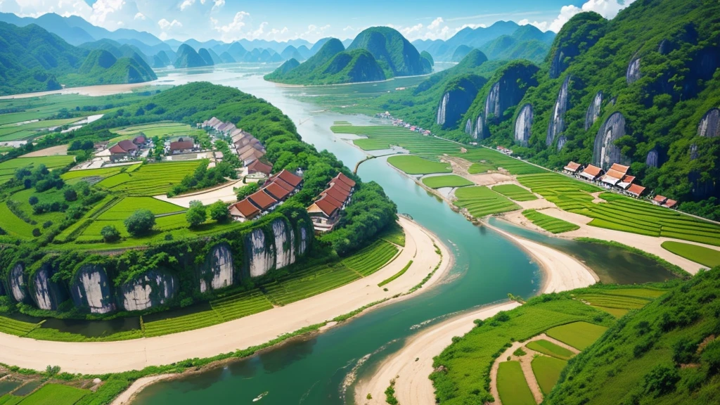 Beautiful scenery of ancient Vietnamese village. Aerial view, Photorealistic photos, High definition, 8K