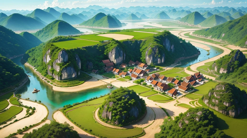Beautiful scenery of ancient Vietnamese village. Aerial view, Photorealistic photos, High definition, 8K