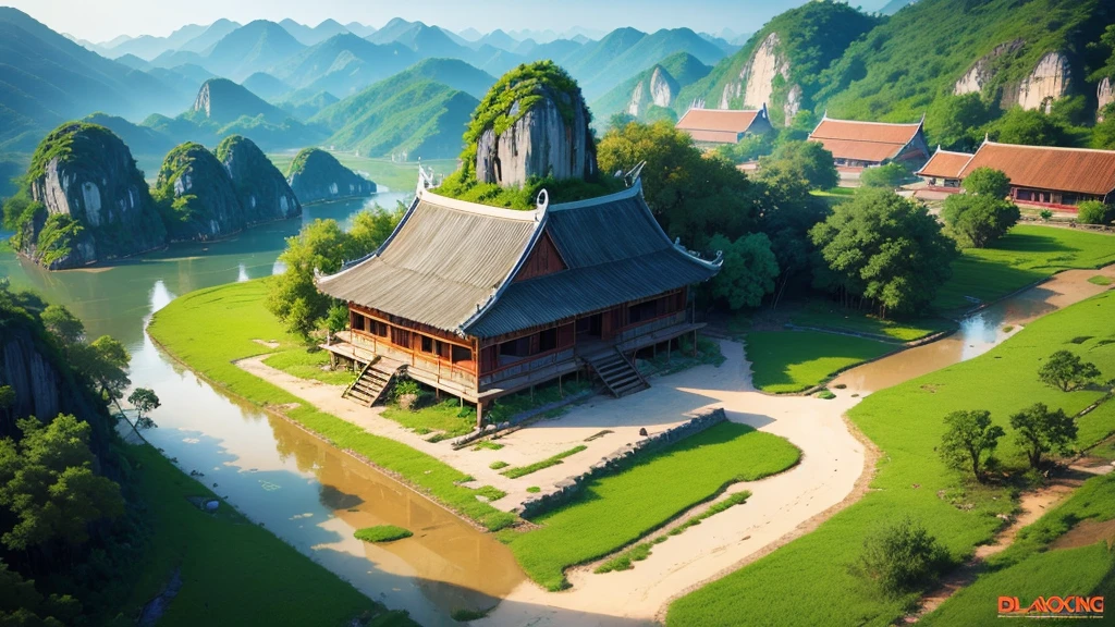 Beautiful scenery of ancient Vietnamese village. Aerial view, Photorealistic photos, High definition, 8K