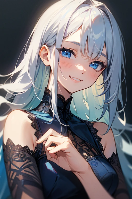 (masterpiece: 1.2, Highest quality), (Actual Photos, Intricate details), 1. woman, alone, Upper Body, casual, Shoulder-length hair, Minimal makeup, Natural materials, Face close-up, smile, Home, Long white hair、blue eyes, Shoulder Bare、Smiling with teeth showing、((Navy blue lace dress))、((Blue eyes))、The image of the face remains the same、
