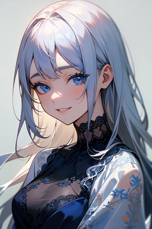 (masterpiece: 1.2, Highest quality), (Actual Photos, Intricate details), 1. woman, alone, Upper Body, casual, Shoulder-length hair, Minimal makeup, Natural materials, Face close-up, smile, Home, Long white hair、blue eyes, Shoulder Bare、Smiling with teeth showing、((Navy blue lace dress))、((Blue eyes))、The image of the face remains the same、