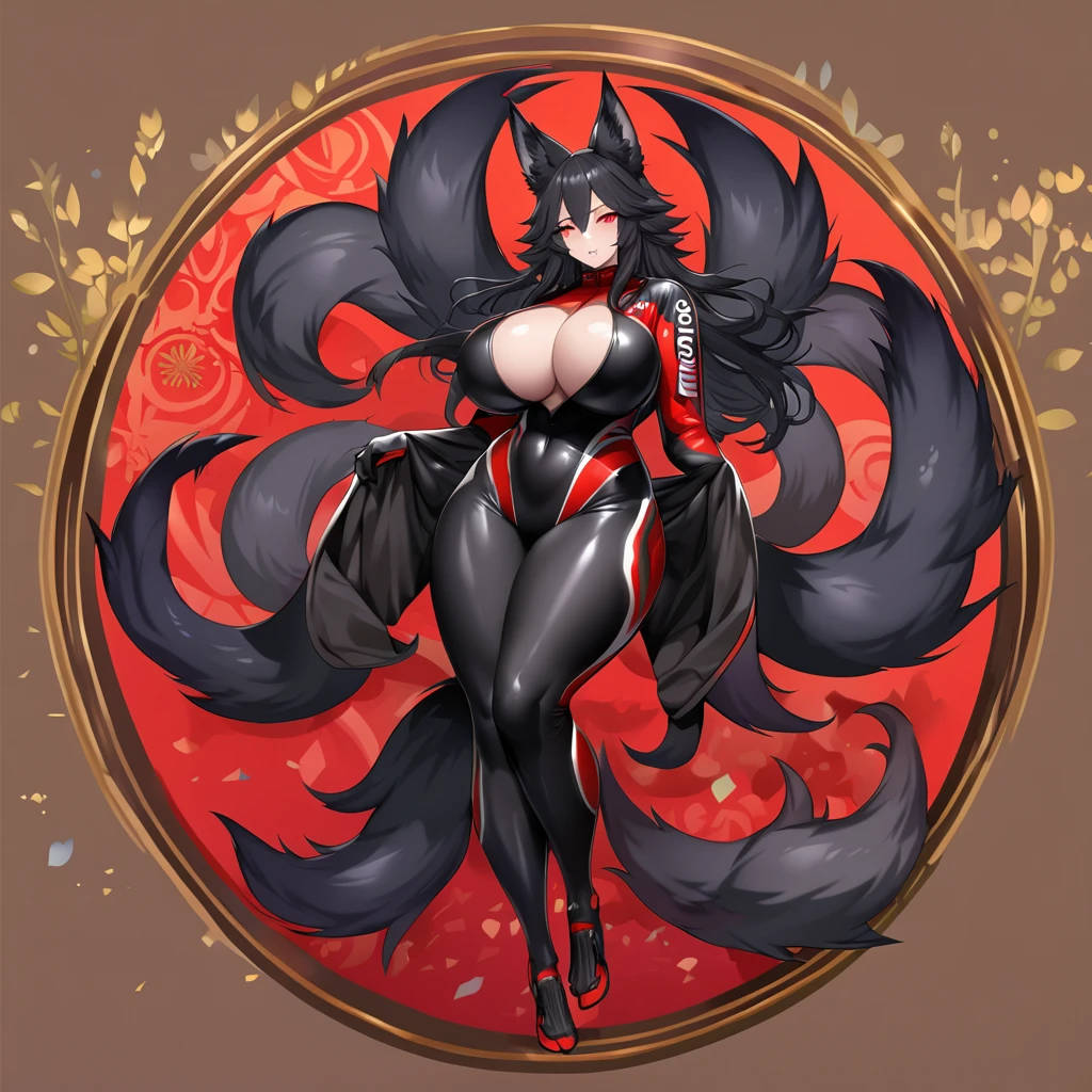 Beautiful black Kitsune, red eyes, highly detailed face, highly detailed eyes, big breasts, Black hair, mature woman, several black kitsune tails, soft long Black Kitsune ears, Wearing red and black Race Suit, wide waist, full body
