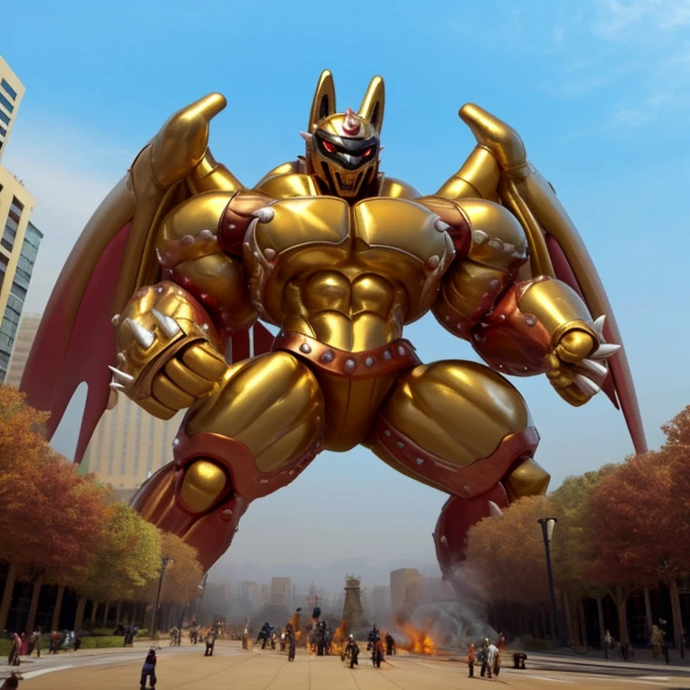 (Solo. masterpiece. official art. 8k. best quality. detailed full body. full body.)
(situation 1 : dominating Shiny_Mega_Lucario. focus GIANT mechanical Muscular Shiny_Mega_Lucario is trampling the CITY. macro. stomp. Low-angle perspective. emphasizing the immense size. The perspective is from below, emphasizing the sheer majesty and power of the Giant. giant art. He is much bigger than a skyscraper. Giga Giants. micro soccer field. looking down.)

(situation 2 :smoke and flames rising from the destruction in the city)
(Additional details 1: wearing a full-face helmet. golden armor. high-tech bio-mecha armor. real texture material. Armored_Flazzard).

(Additional details 2: (Detailed head. Detailed Body. Detailed abs. gigantic muscles. HYPER MUSCLES. Gigachad Muscular. big muscle. pecs. triceps. traps. unusually developed muscular body. body full of huge muscles. showing off muscles. pectorales enormes. Exaggeratedly huge muscles. huge muscles. long legs.).

(Additional details 3: nj5furry, Spread wings. It has wings. golden have big wings. The claws are sharp. Sharp teeth.). 