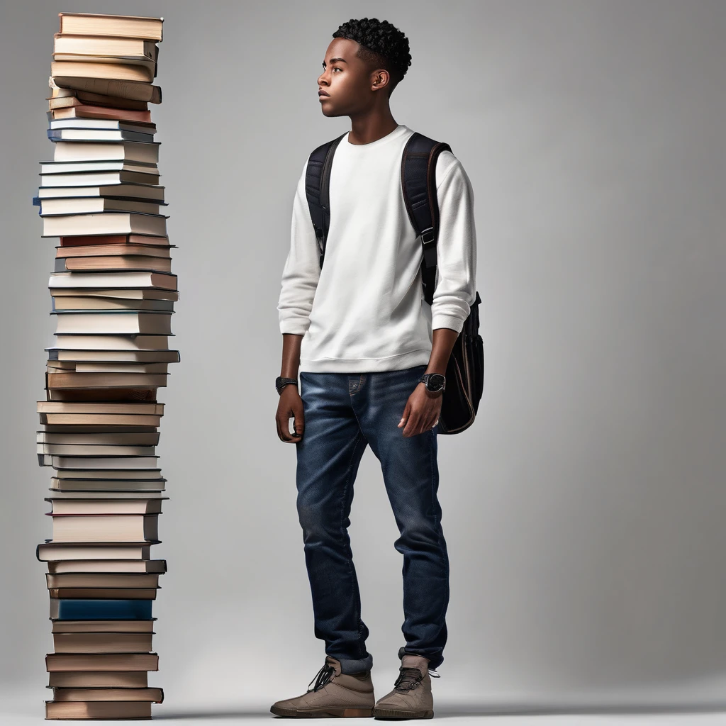 A detailed full-body side view image of a young Black student with short hair, holding a stack of books, casual clothing, high-resolution, photorealistic, background: 100% white