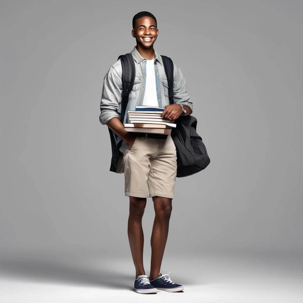 A detailed full-body side view image of a young Black man student with short hair, holding a stack of books, casual clothing, high-resolution, photorealistic, background: 100% white