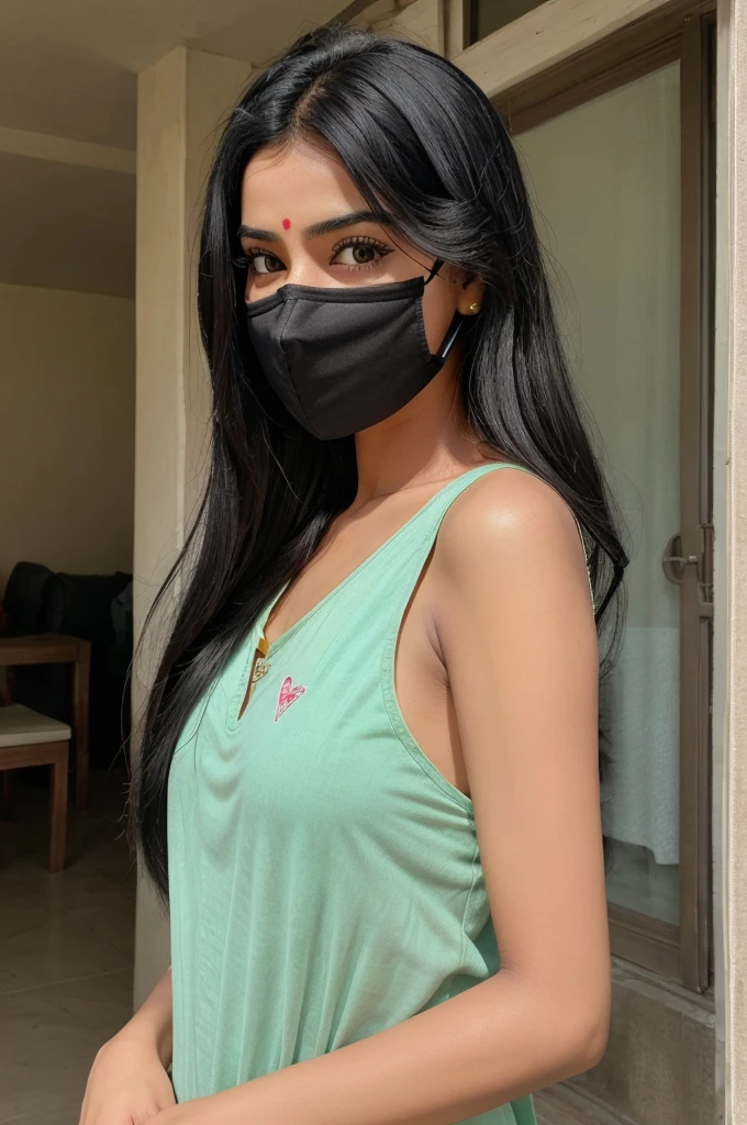 Genrate realistic images 25 year girl beautiful black hair cute, wearing mask and get ऑथेंटिक आउटफिट