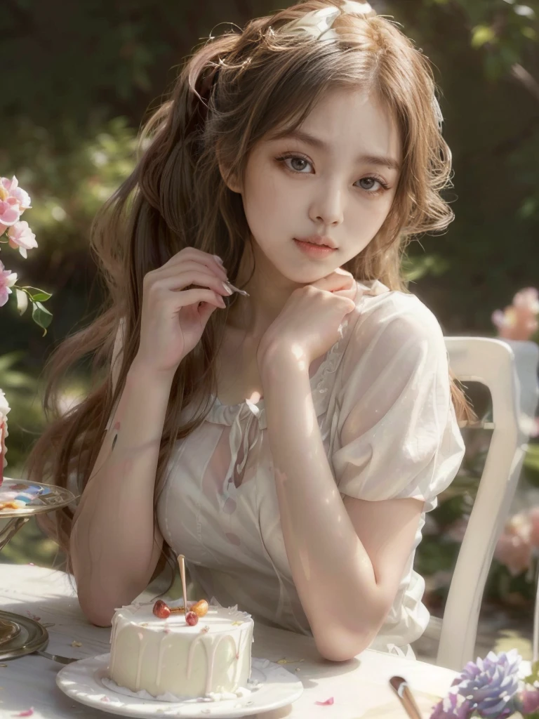 There is a sexy woman with big breasts and a deep neckline sitting at a table with a cake and a spoon in her hand, long hair tied in a ponytail, young and cute girl, a stunning young ethereal figure, cute young girl, ulzzang, Beautiful young, ethereal beauty, a cute young woman, cute young woman, white hime cut hairstyle, korean girl, with long hair and piercing eyes, realistic painting cute girl, beautiful delicate face