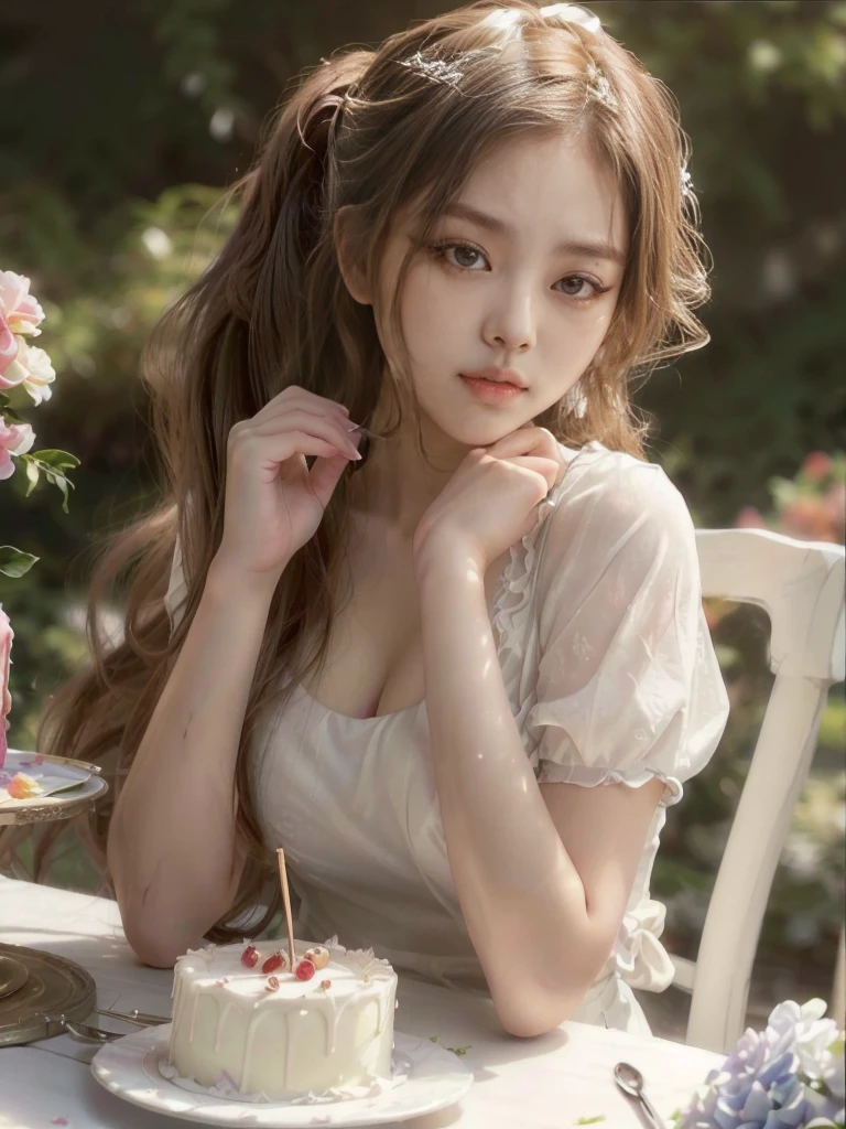 There is a sexy woman with big breasts and a deep neckline sitting at a table with a cake and a spoon in her hand, long hair tied in a ponytail, young and cute girl, a stunning young ethereal figure, cute young girl, ulzzang, Beautiful young, ethereal beauty, a cute young woman, cute young woman, white hime cut hairstyle, korean girl, with long hair and piercing eyes, realistic painting cute girl, beautiful delicate face