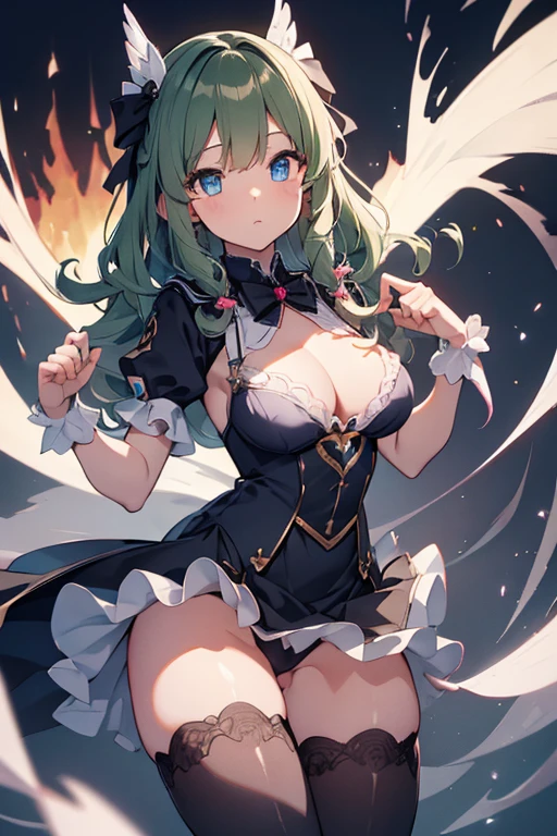 (dynamic angle:1.3, front view:1.1, breast focus:1.3, from above:1.1), (((Masterpiece))),(((Super Detail))),(((in 8K))),(((best composition))),(((Rim lighting,Fireglow effect,deep shadow))),solo),Beautiful fingers,Detailed finger features,(Detailed hair features:1.7),(Dynamic and sexy bending pose:1.3),detailed facial features,detailed clothes features, (perky chest:1.1), (pointed chest:1.3), delicate beautiful face, Bright blue eyes, cute eyes, sparkling eyes, Big eyes, beautiful detailed eyes,(masterpiece), (best quality), detailed, 1 girl, soro, twintails, long wavy hair twintails.hairs between eyes,dark green eyes ,dark green hair, (magical girl:1.2), bow, dress, (pink:0.6), over legwear, boots, too many frills, too many bow, standing,striped panties.magical stick, mechanical stick, magic cercle, flying,