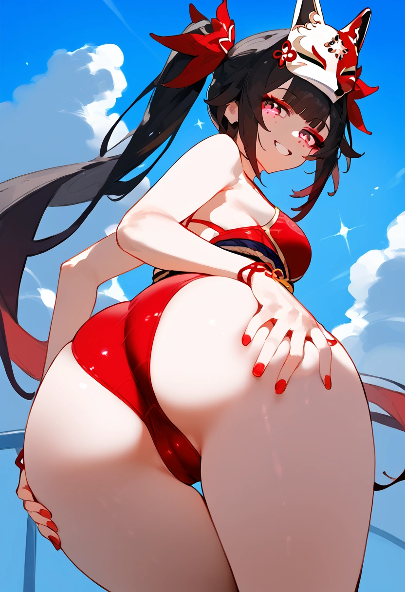 anime artwork, score_9, score_8_up, score_7_up, score_6_up, score_5_up, score_4_up,sparkle \(honkai: star rail\),1girl, twintails, black hair, medium breasts, red eyes, red eyeshadow, fox mask , , , , , she is 24 years old, , ,horny, , , , style_3, ,,, floox style, . red one-piece swimsuit. , cameltoe, from behind, , looking at viewer, grin, sky, clouds, sun, ass, . parkle is a young woman who has black hair that is tied into two high pigtails with a red tie. Her hair reaches her hips and has pink tips, fringe middle bangs, and two locks in front, with the left lock reaching her collarbone and the right lock reaches her shoulder. She has fluorescent pink eyes with tiny black dots under each of her eyes. Additionally, a white-and-red Kitsune mask is at an angle on the top of her head. Ass focus, heavenly ass, hand on own ass, rear view, super below view