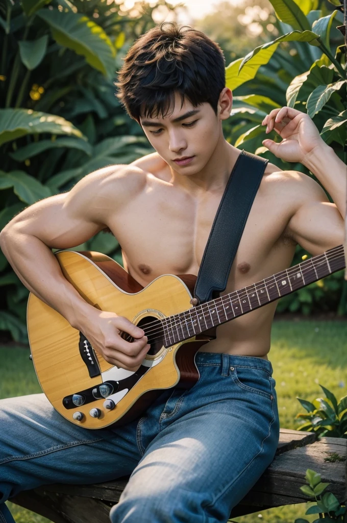 1 person, muscular body, 18 years old, Not wearing a shirt, half naked, and black gold micro, Lively and energetic, Play the guitar passionately, Surrounded by lush green gardens with colorful flowers in bloom.. (best quality,4K,8K,height,Masterpiece:1.2), very detailed, (realistic,photorealistic,photo-realistic:1.37) moderate, Bokeh, Portrait, The color palette is bright and warm., sunset light.
