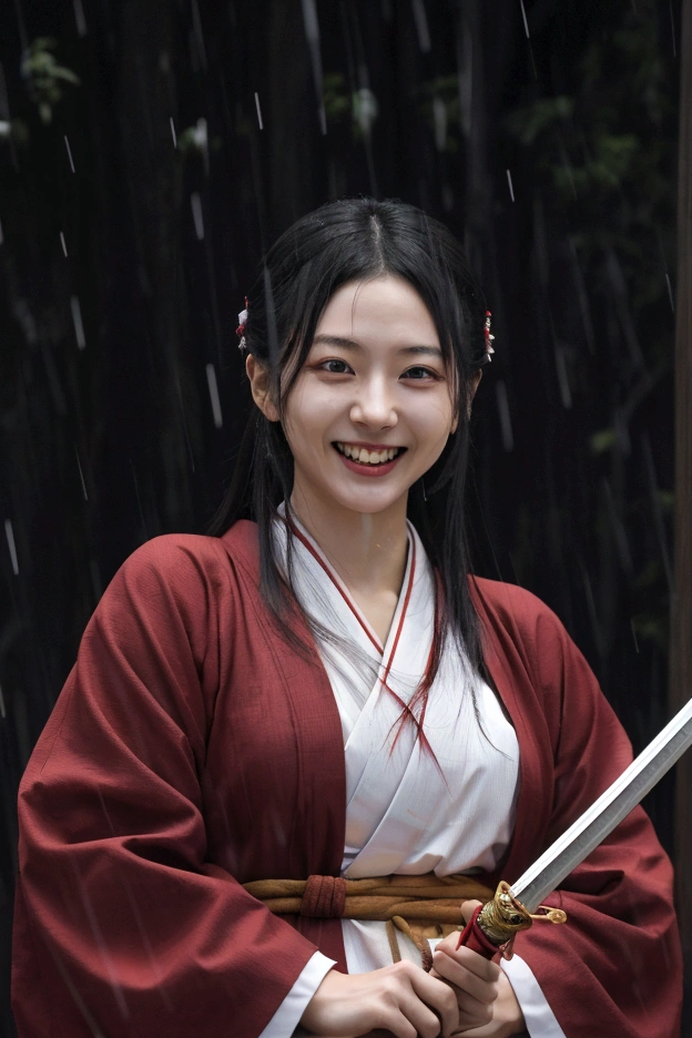 Japaneseの女の子、Holding a Japanese sword、Bloody、Slasher、In town、Smile and laugh、tall、it's raining、Japanese