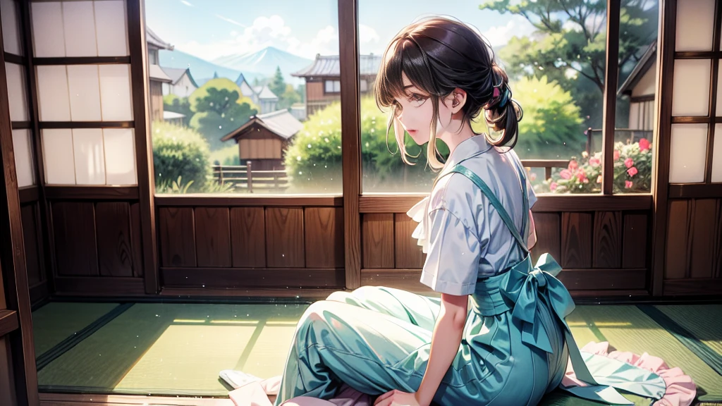 A anime character sitting in the terasse of an old japanese house, the view of her garden. summer ambient vibes. The colors are soft and pastel, with soft lighting and a nostalgic ambiance, Lo-Fi, school girl , cute girl, side view, wide view, japanese beauty, beutiful girl.