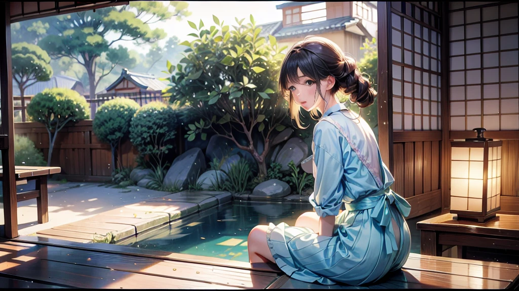 A anime character sitting in the terasse of an old japanese house, the view of her garden. summer ambient vibes. The colors are soft and pastel, with soft lighting and a nostalgic ambiance, Lo-Fi, school girl , cute girl, side view, wide view, japanese beauty, beutiful girl.