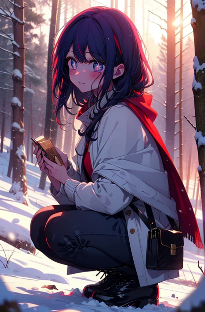 aihoshino, Ai Hoshino, Long Hair, bangs, (Purple eyes:1.1), Purple Hair, (Symbol-shaped pupil:1.5), smile,,smile,blush,White Breath,
Open your mouth,snow,Ground bonfire, Outdoor, boots, snowing, From the side, wood, suitcase, Cape, Blurred, , forest, White handbag, nature, Squat, Mouth closed, Cape, winter, Written boundary depth, Black shoes, red Cape break looking at viewer, Upper Body, whole body, break Outdoor, forest, nature, break (masterpiece:1.2), Highest quality, High resolution, unity 8k wallpaper, (shape:0.8), (Beautiful and beautiful eyes:1.6), Highly detailed face, Perfect lighting, Extremely detailed CG, (Perfect hands, Perfect Anatomy),
