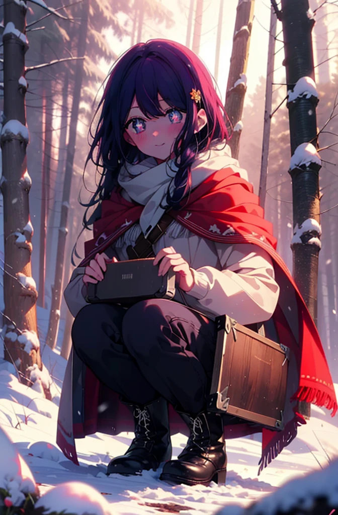 aihoshino, Ai Hoshino, Long Hair, bangs, (Purple eyes:1.1), Purple Hair, (Symbol-shaped pupil:1.5), smile,,smile,blush,White Breath,
Open your mouth,snow,Ground bonfire, Outdoor, boots, snowing, From the side, wood, suitcase, Cape, Blurred, , forest, White handbag, nature,  Squat, Mouth closed, Cape, winter, Written boundary depth, Black shoes, red Cape break looking at viewer, Upper Body, whole body, break Outdoor, forest, nature, break (masterpiece:1.2), Highest quality, High resolution, unity 8k wallpaper, (shape:0.8), (Beautiful and beautiful eyes:1.6), Highly detailed face, Perfect lighting, Highly detailed CG, (Perfect hands, Perfect Anatomy),