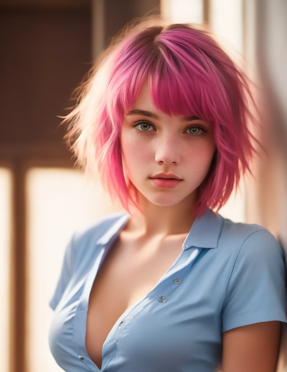 award winning portrait of cute 18 year old emo girl with blunt bangs, bob cut, pink hair, wearing a blue shirt, dramatic lighting but warm flesh colors, Intricate Detail, Soft Focus, Masterpiece, Concept Art analog RAW photo by Greg Rutkowski, busty
