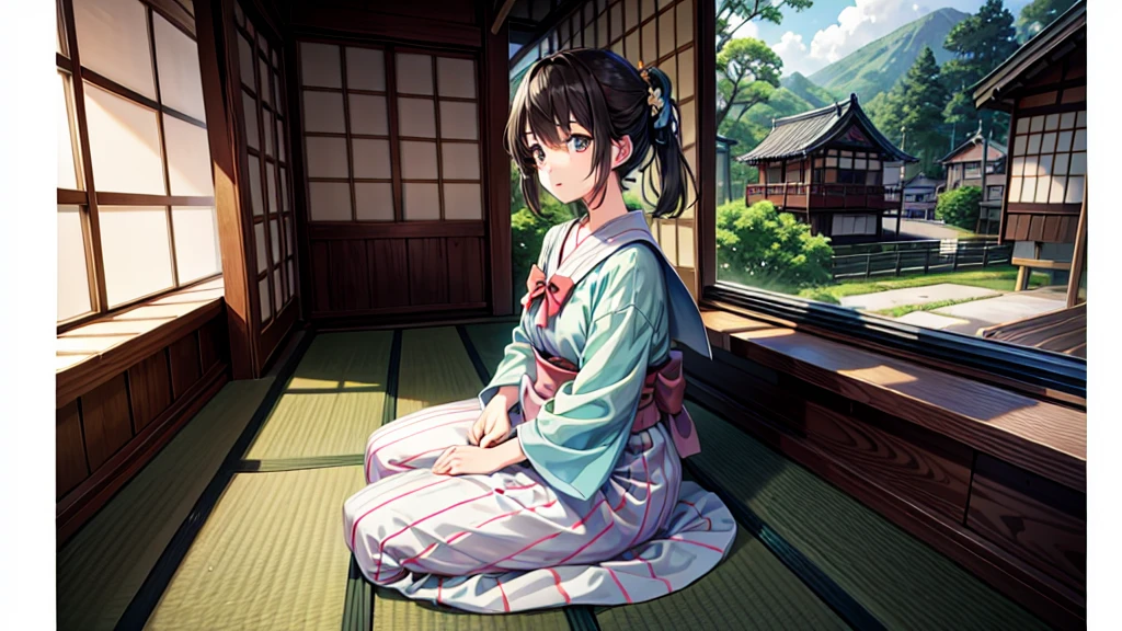A anime character sitting in the terasse of an old japanese house, the view of her garden. summer ambient vibes. The colors are soft and pastel, with soft lighting and a nostalgic ambiance, Lo-Fi, school girl , cute girl, side view, wide view, japanese beauty, beutiful girl.