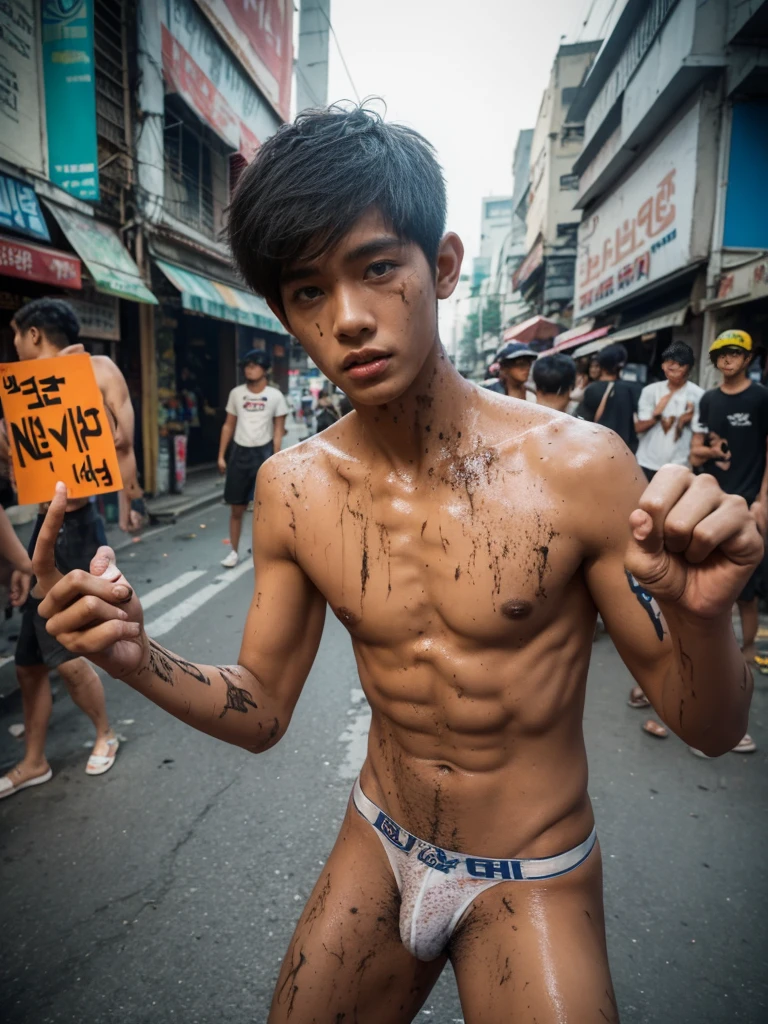  Bangkok  guys nude body chest and body dirty mud cute, slim skinny fat body like younger boy,wearing tanga underwear,protested on the streets of Seoul , raised one hand,illustrated,highly detailed,protest signs,expressive body language,vibrant colors,photo-realistic,urban setting,dramatic lighting,graffiti,unconventional materials,