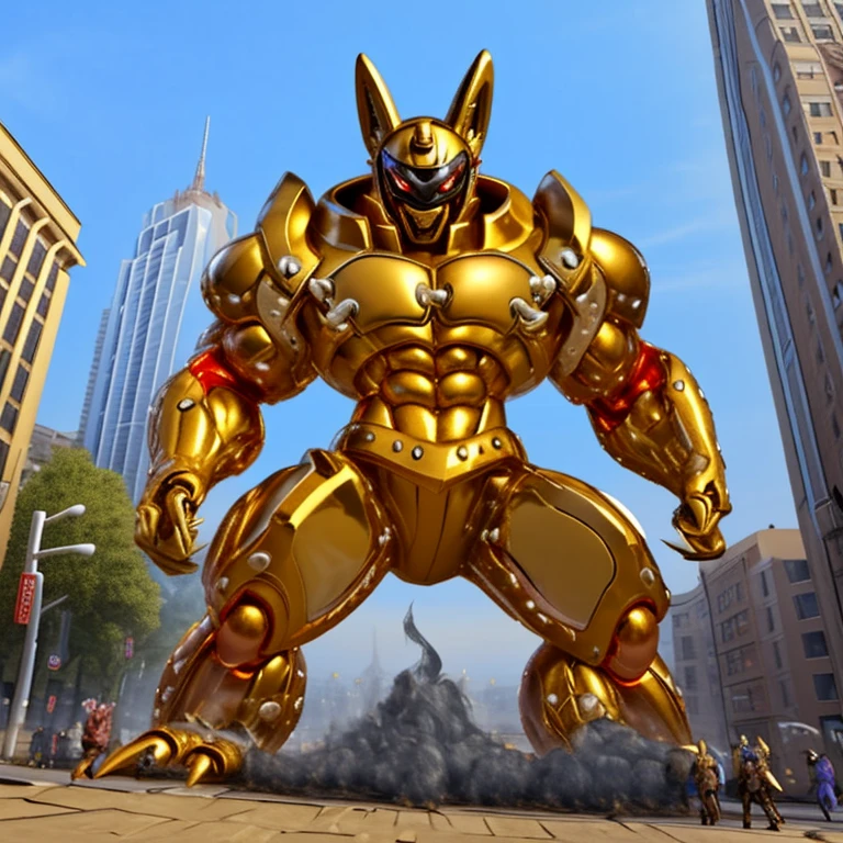 (Solo. masterpiece. official art. 8k. best quality. detailed full body. full body.)
(situation 1 : dominating Shiny_Mega_Lucario. focus GIANT mechanical Muscular Shiny_Mega_Lucario is trampling the CITY. macro. stomp. Low-angle perspective. emphasizing the immense size. The perspective is from below, emphasizing the sheer majesty and power of the Giant. giant art. He is much bigger than a skyscraper. Giga Giants. micro soccer field. looking down.)
(situation 2 :smoke and flames rising from the destruction in the city)
(Additional details 1: wearing a full-face helmet. golden armor. high-tech bio-mecha armor. real texture material. Armored_Flazzard).
(Additional details 2: (Detailed head. Detailed Body. Detailed abs. gigantic muscles. HYPER MUSCLES. Gigachad Muscular. big muscle. pecs. triceps. traps. unusually developed muscular body. body full of huge muscles. showing off muscles. pectorales enormes. Exaggeratedly huge muscles. huge muscles. long legs.).
(Additional details 3: nj5furry, Spread wings. It has wings. golden have big wings. The claws are sharp. Sharp teeth.).